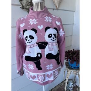 Vintage 1980's Pink Dancing Panda Snowflake Sparkly Sweater Acrylic M/L